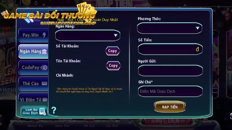 Điều kiện để nạp tiền Game bài đổi thưởng thành công